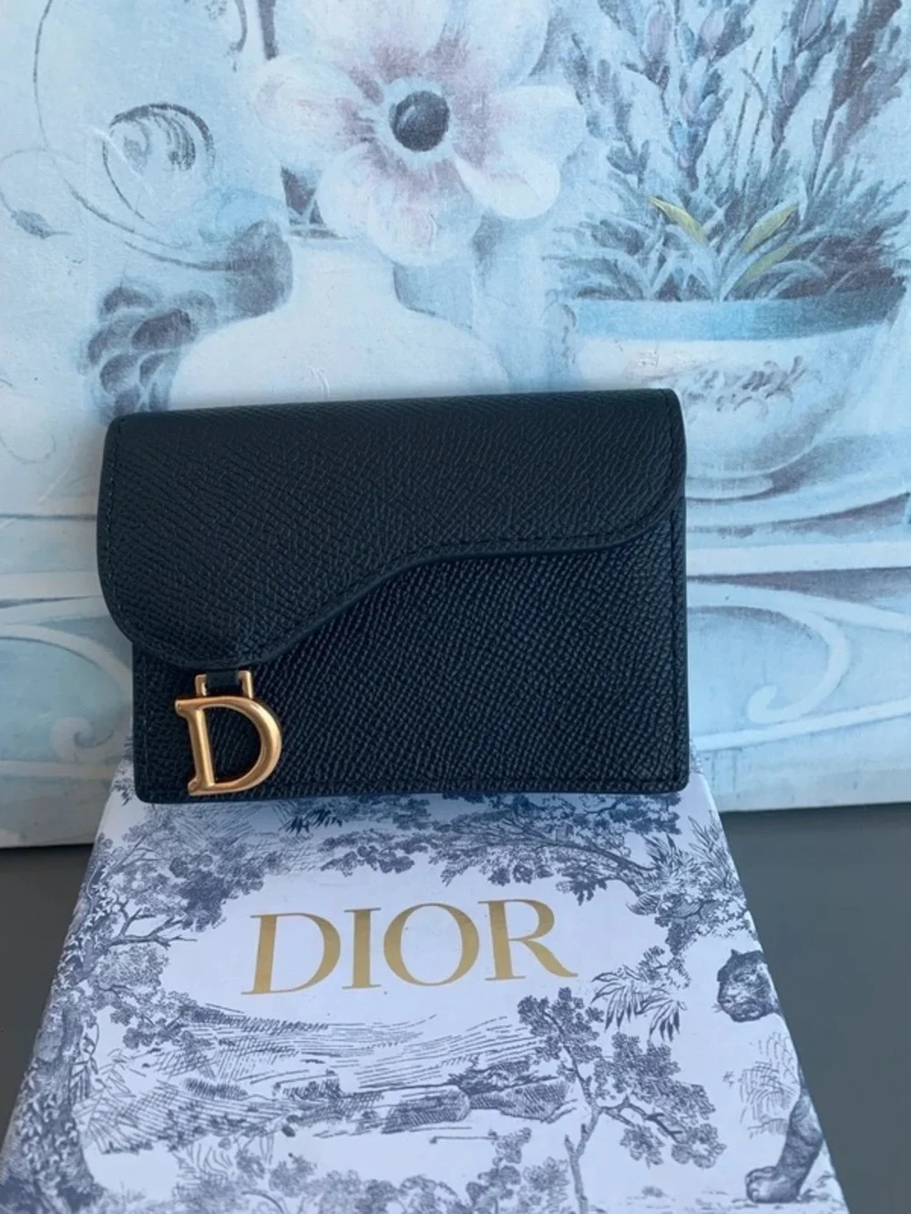 Dior Black Leather Compact Flap Wallet with Gold 'D' Charm